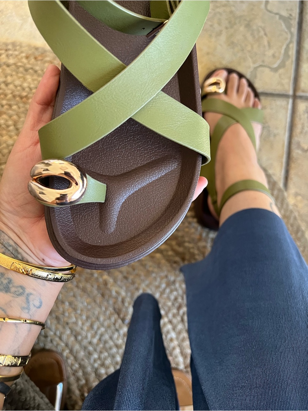 Olive Green Cross-Strap Women’s Sandals with Toe Gold Accenting
